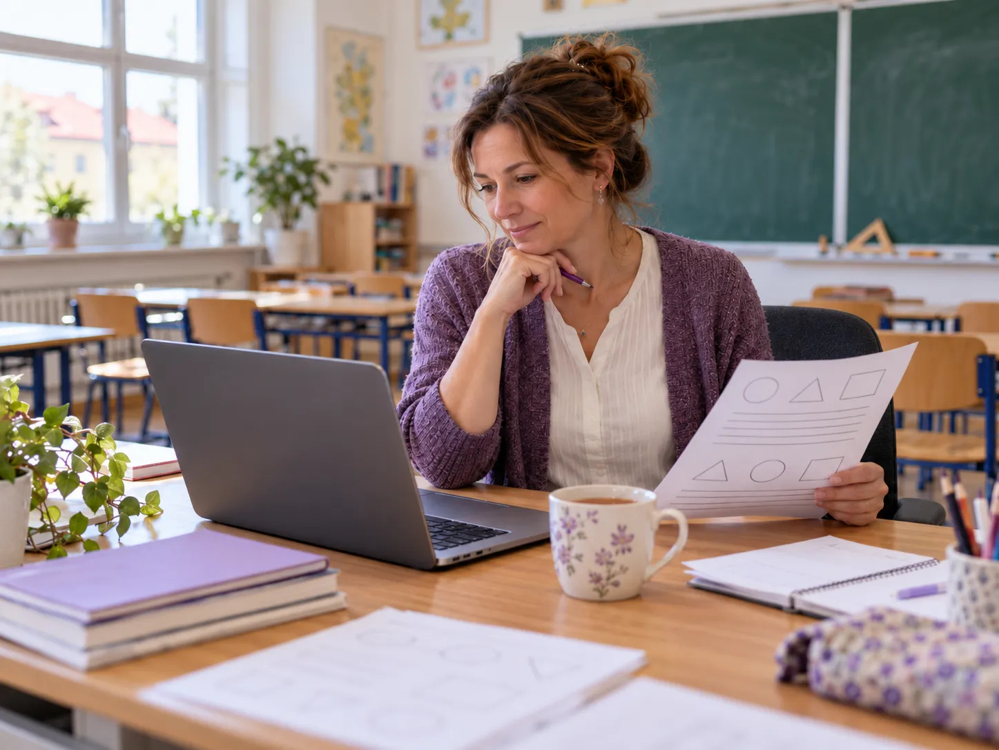 Učitelka připravuje s pomoc&iacute; AI pracovn&iacute; list na notebooku v pr&aacute;zdn&eacute; tř&iacute;dě