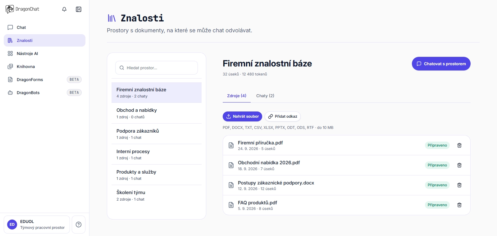 T&yacute;mov&yacute; pracovn&iacute; prostor DragonChat s firemn&iacute; znalostn&iacute; b&aacute;z&iacute;