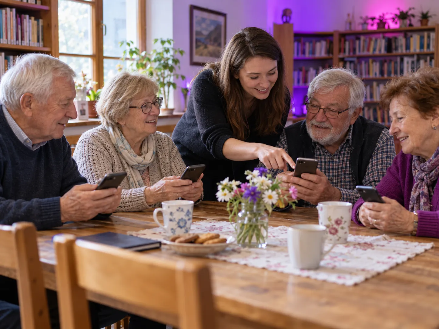 Lektor EDUOL vysvětluje seniorům práci s chytrým telefonem